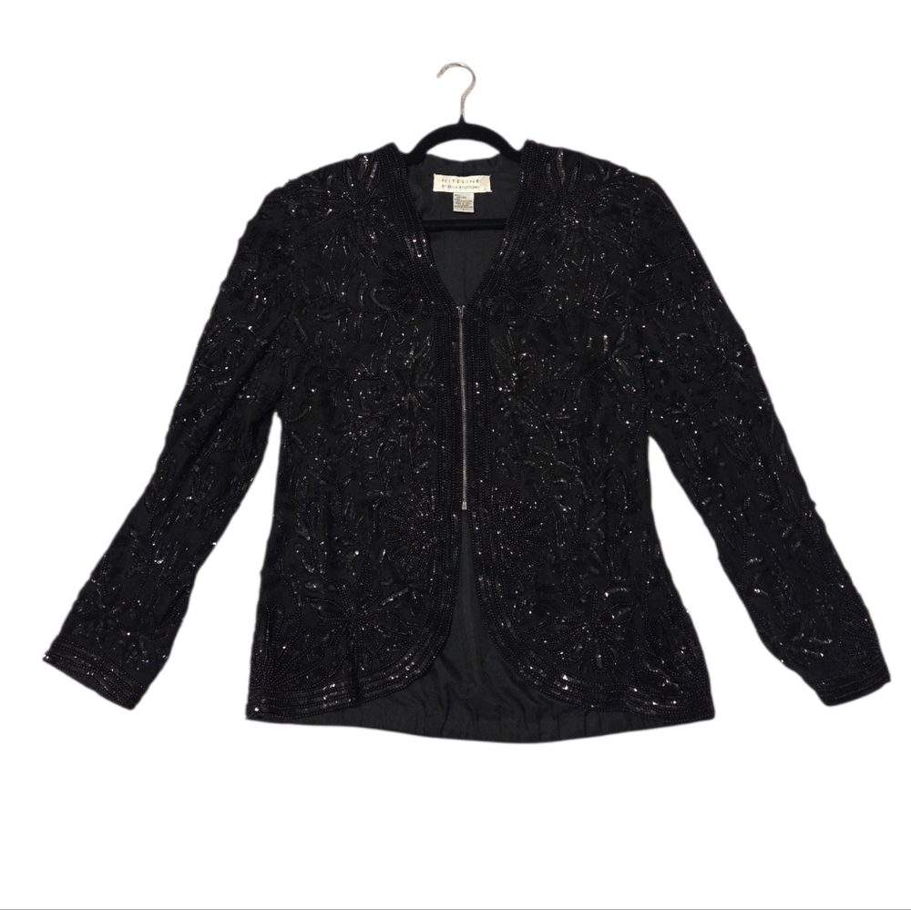 Vintage Silk Beaded Formal Evening Jacket Black W/ Zipper Large DELLA ROUFOGALI‎